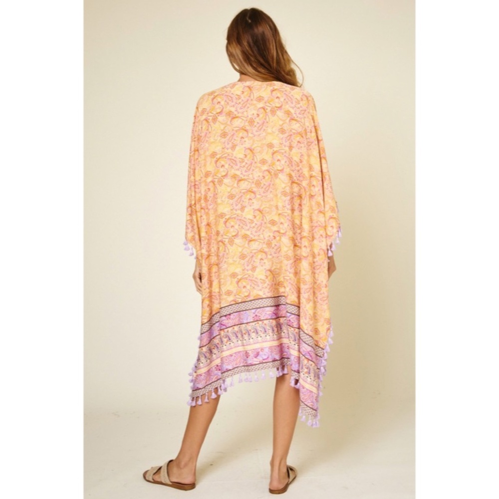 Lavender Paisley Printed Kimono Bohemian Cardigan w/ Tassels Fringe - Picture 5 of 6